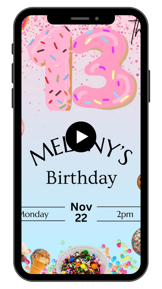 Donut Number Pink 13th Birthday Video Invitation | Animated Kids Boys and Girls Evite