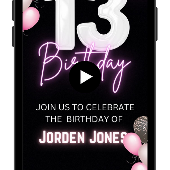 Girls 13th Birthday Video invitation | 13 year old Birthday Pink party invite